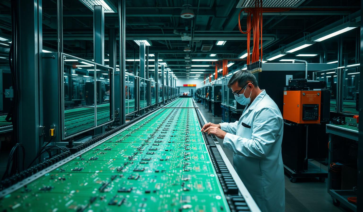 Fason PCB dizgi hattında SMT makinesinden geçen yeşil elektronik kartlar ve kalite kontrol yapan operatör