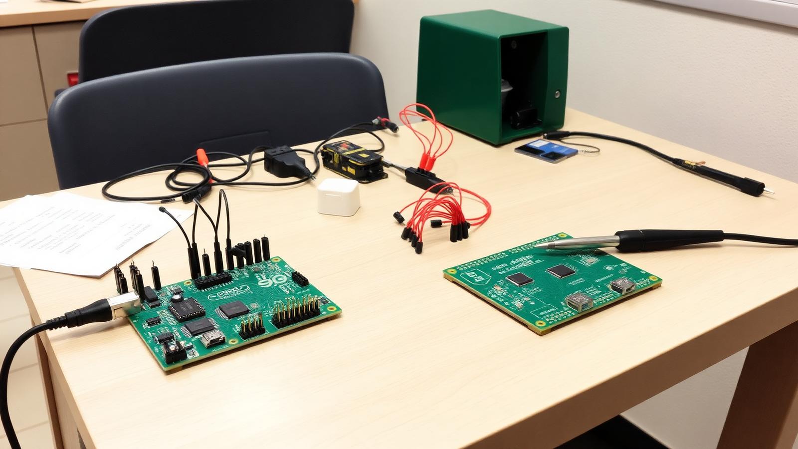 Okul elektronik atölyesinde prototip PCB üzerinde çalışılıyor, lehim havyası ve modüller görünür