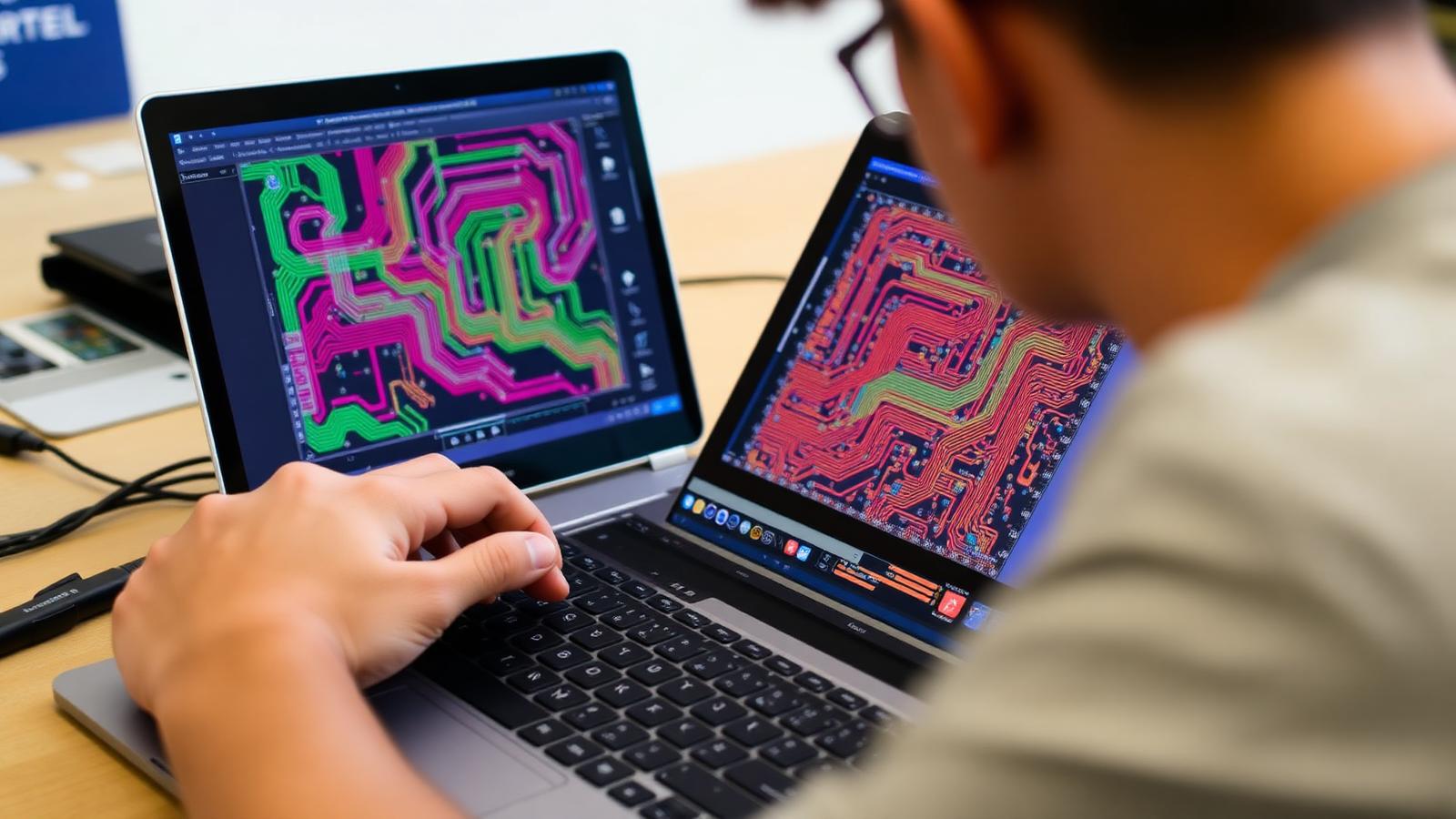 Öğrenci laptopunda EasyEDA/KiCad ekranında PCB layout tasarımı yapıyor