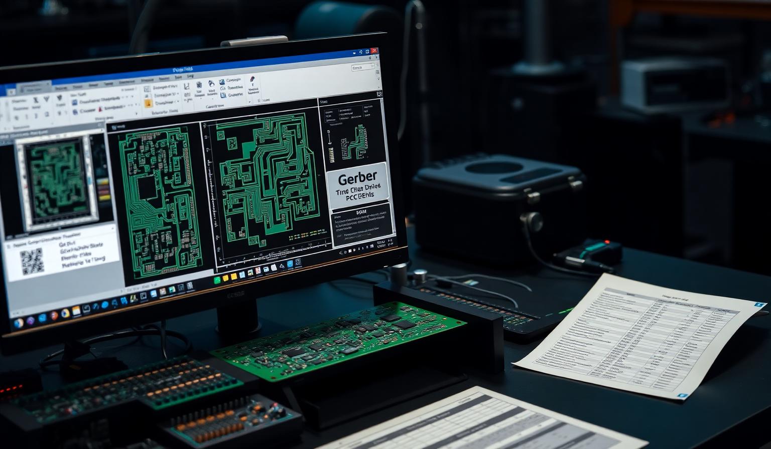 Ekranda Gerber PCB katman görünümü, yanında yeşil elektronik kart ve BOM çıktısı bulunan üretim hazırlık masası