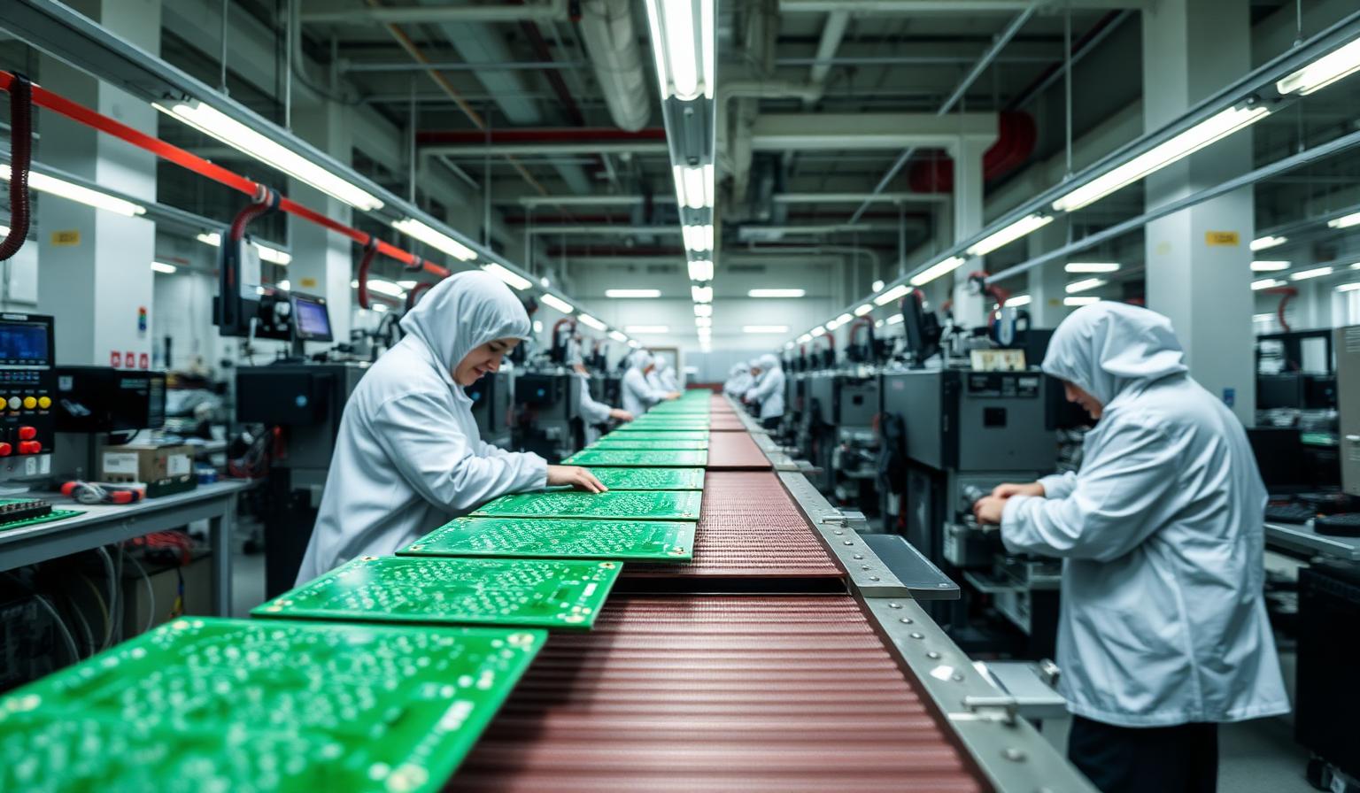 SMT dizgi hattında baskılı devre kartlarını kontrol eden üretim operatörleri