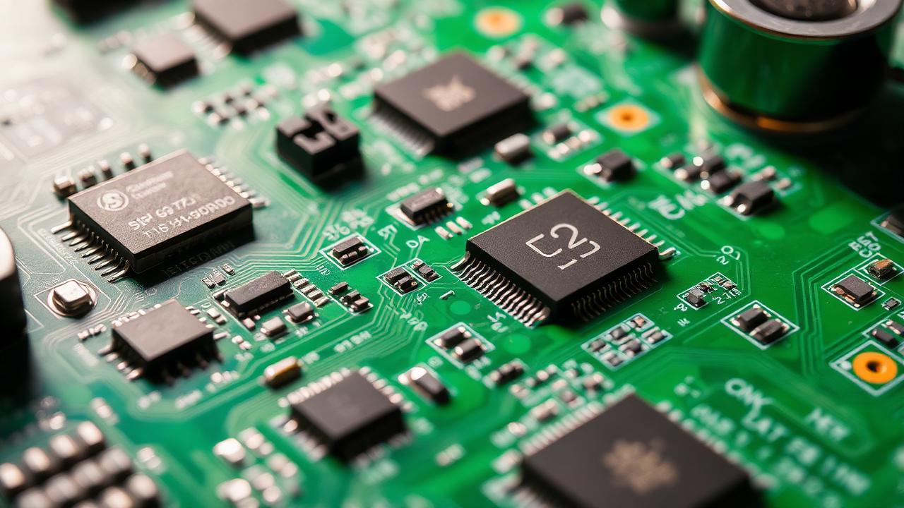 PCB dizgi hattında üretilmiş yeşil baskılı devre kartı üzerinde SMD entegreler
