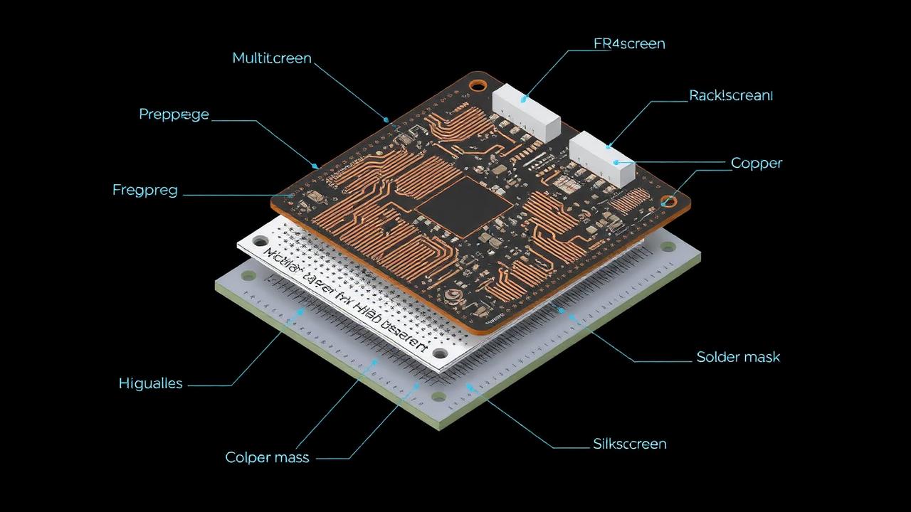 Çok katmanlı PCB kesiti — bakır katmanlar, core, prepreg, solder mask ve silkscreen etiketli