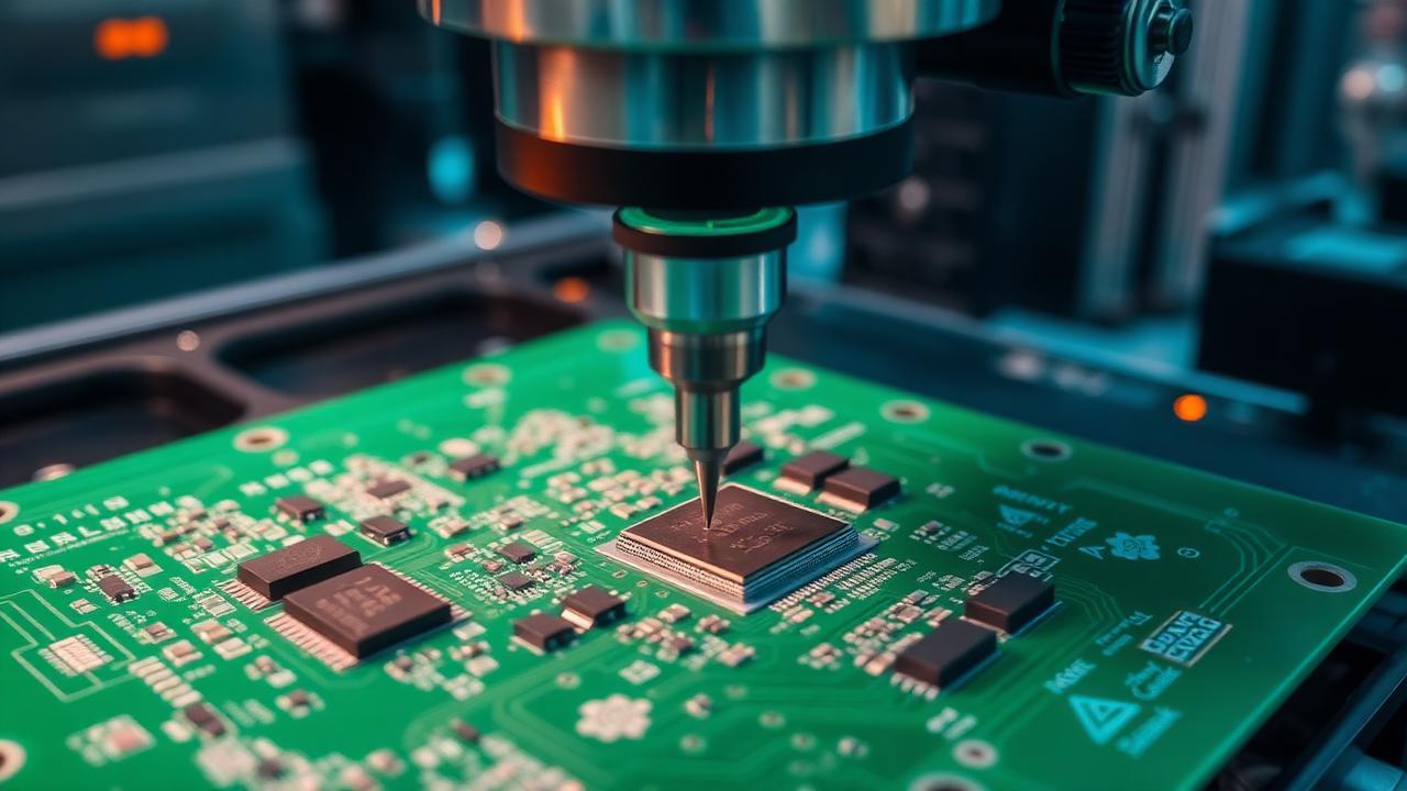 Pick and place makinesi yeşil PCB üzerine SMD komponent yerleştiriyor