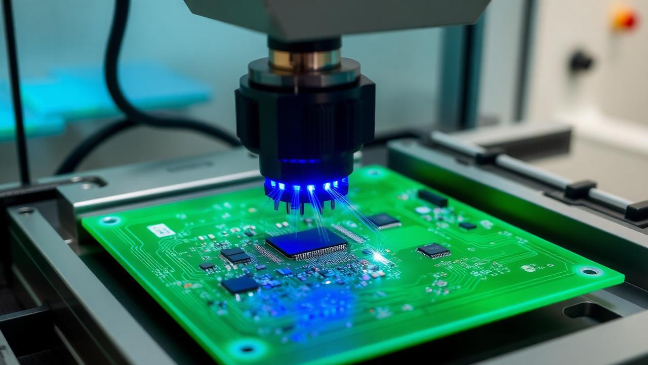 AOI makinesi yeşil PCB'yi mavi LED aydınlatma altında tarıyor
