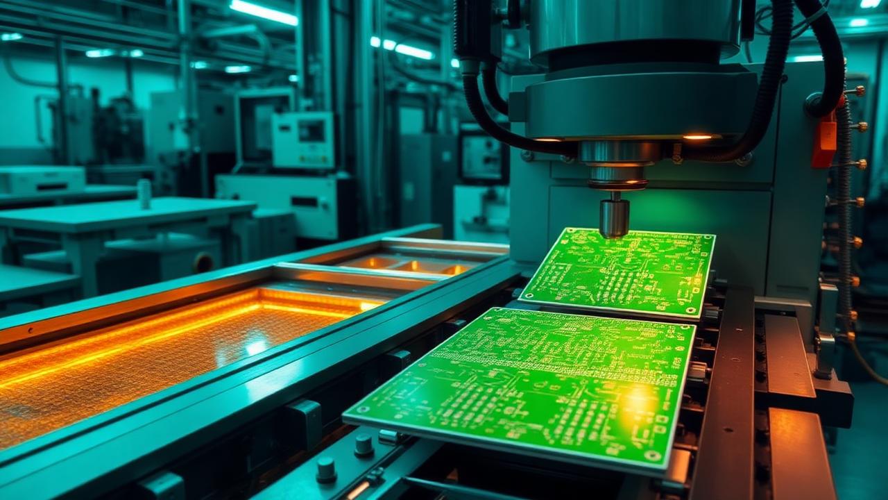 PCB üretim hattı — etching ve drilling makineleri, yeşil paneller
