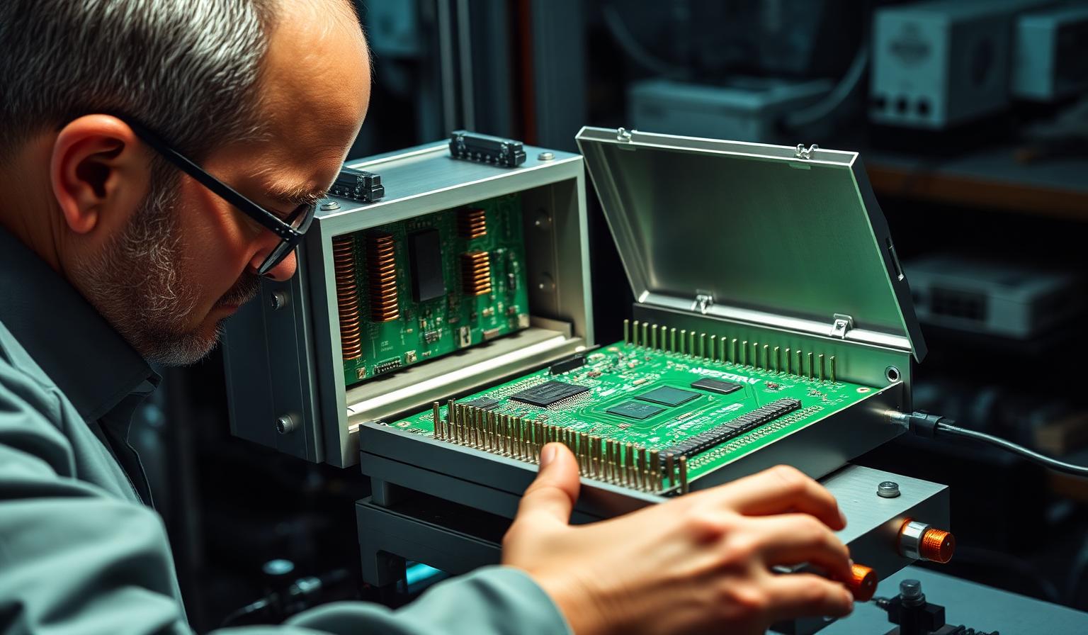Bed-of-nails PCB test fikstürüne yerleştirilmiş elektronik kart ve pogo pin dizisi