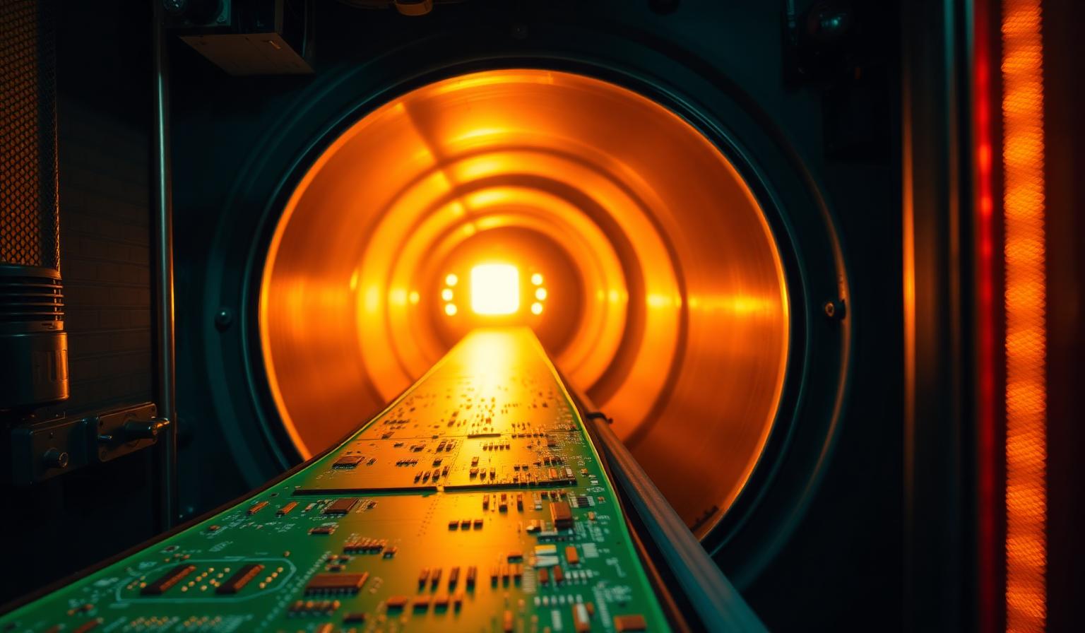 SMT üretim hattında konveyör üzerindeki yeşil PCB kartın reflow fırın tünelinden geçişi