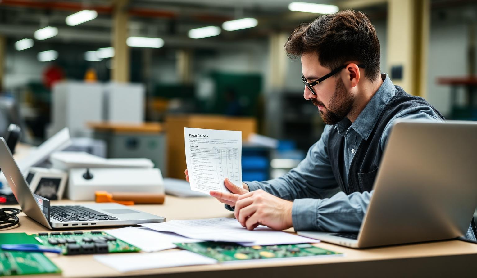 Satınalma mühendisi PCB dizgi tedarikçi tekliflerini skorkart üzerinde karşılaştırıyor