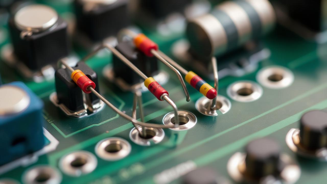 PCB üzerindeki deliklere monte edilmiş THT direnç ve kondansatörler