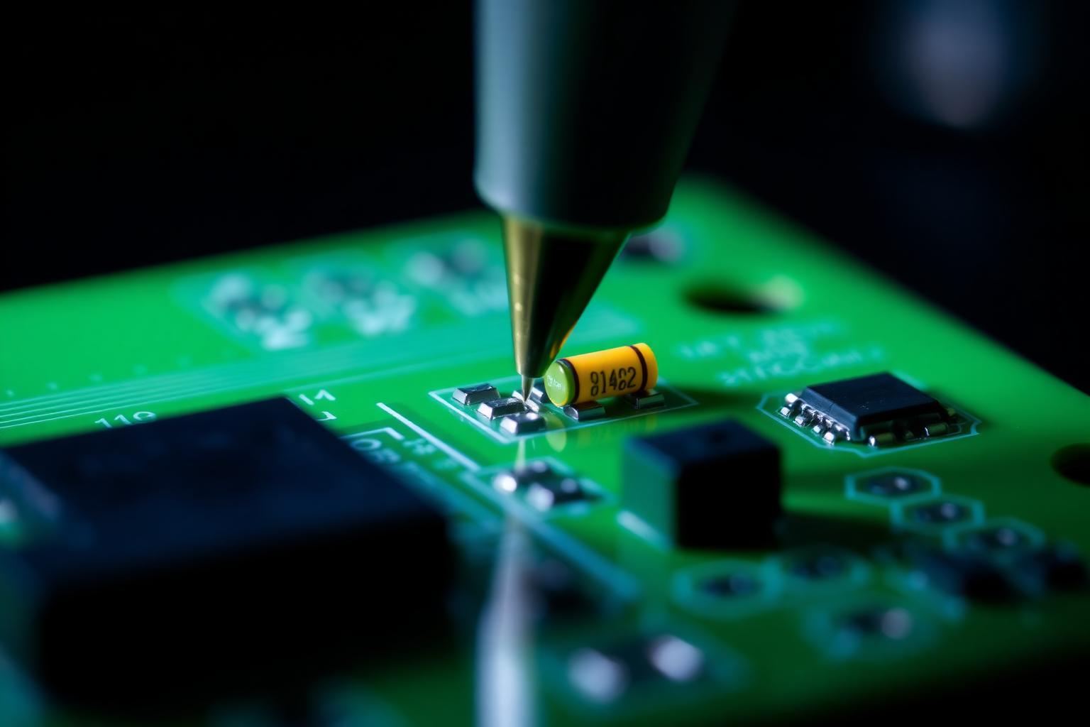 Yakın plan: SMD nozzle küçük bir 0402 direnci lehim pastası uygulanmış pad üzerine yerleştiriyor