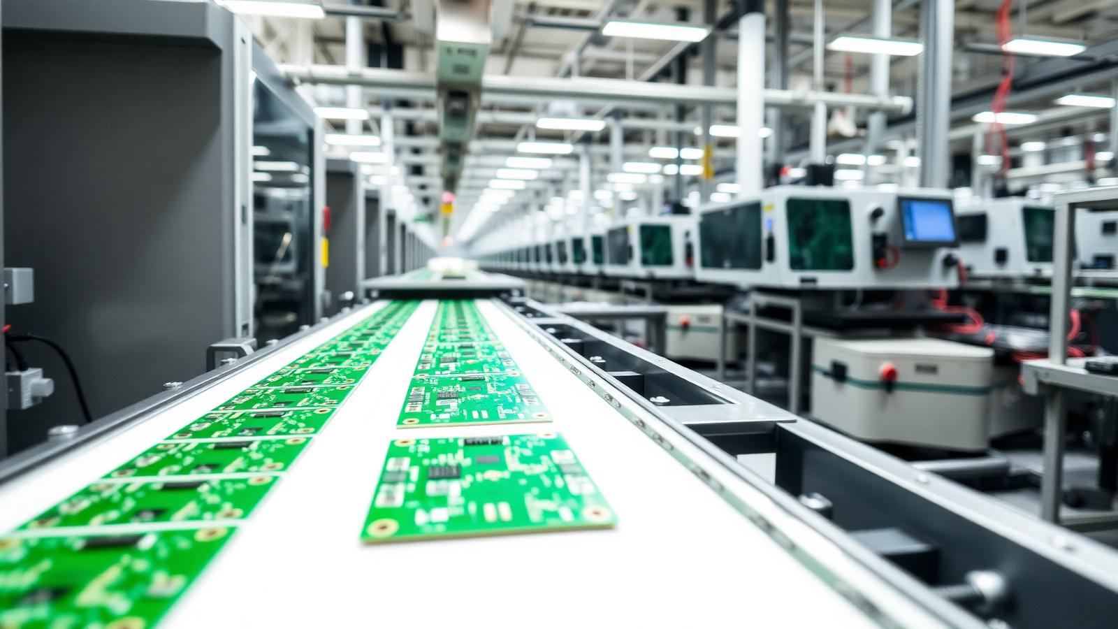 PCB üretim hattında konveyör üzerinde ilerleyen yeşil baskı devre kartları