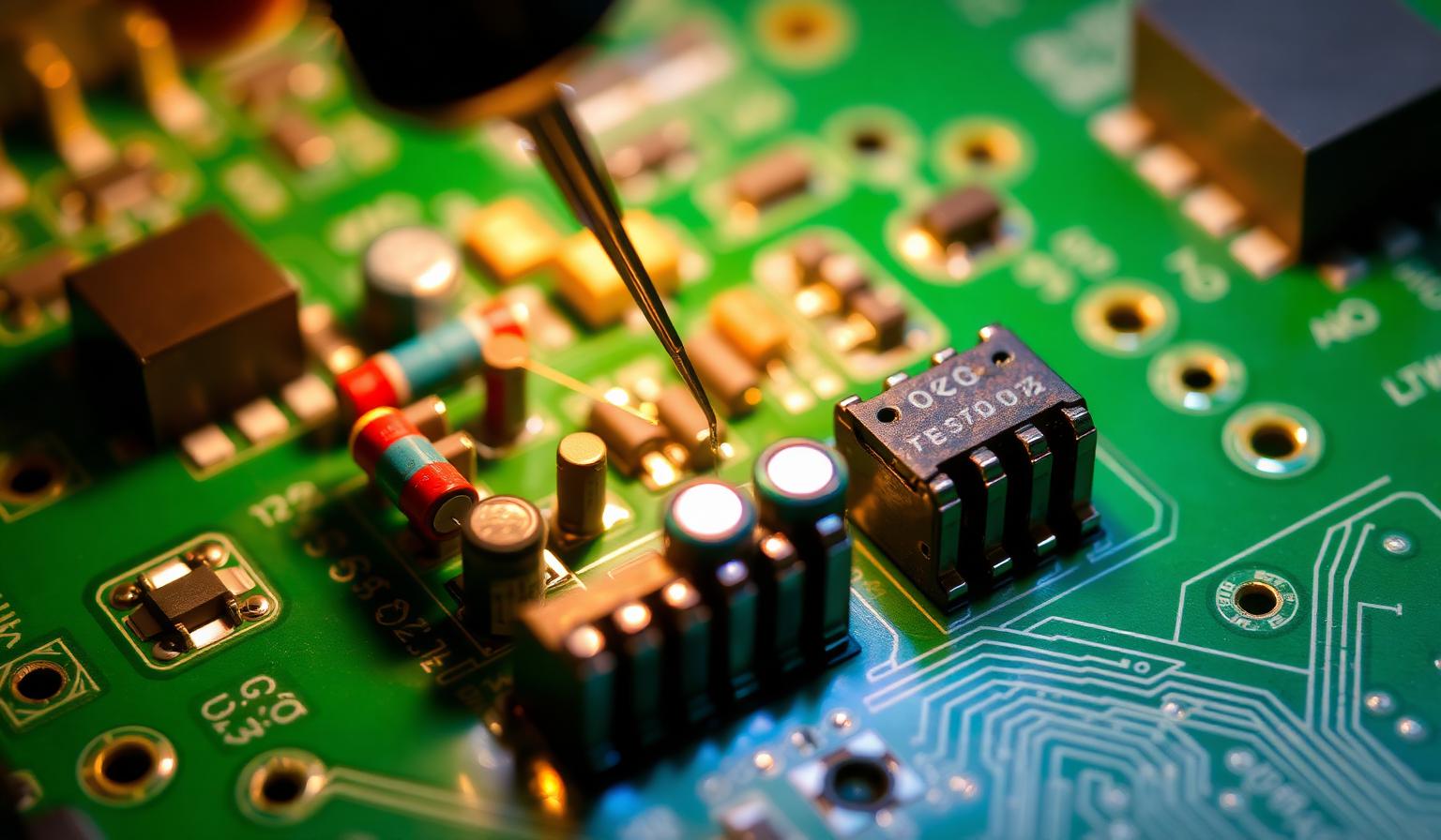 THT bileşenlerin PCB üzerinde lehimlendiği yakın çekim — through-hole dizgi